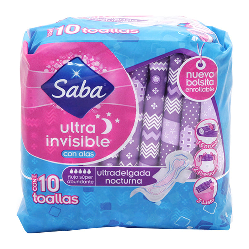 Toalla Femenina Saba Ultra Nocturna con Alas Paquete con 10 Piezas