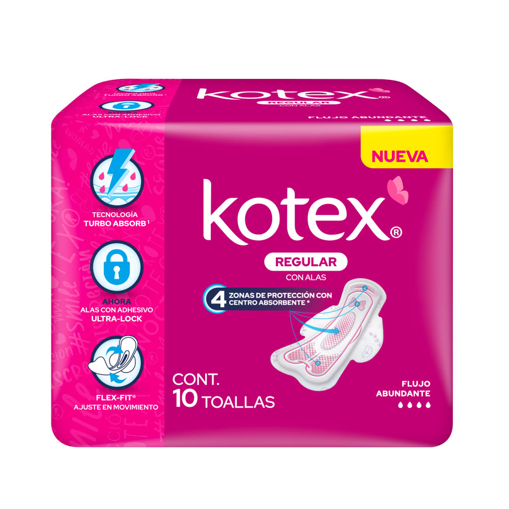 Toalla Femenina Kotex Anatómica con Alas Paquete con 10 Piezas