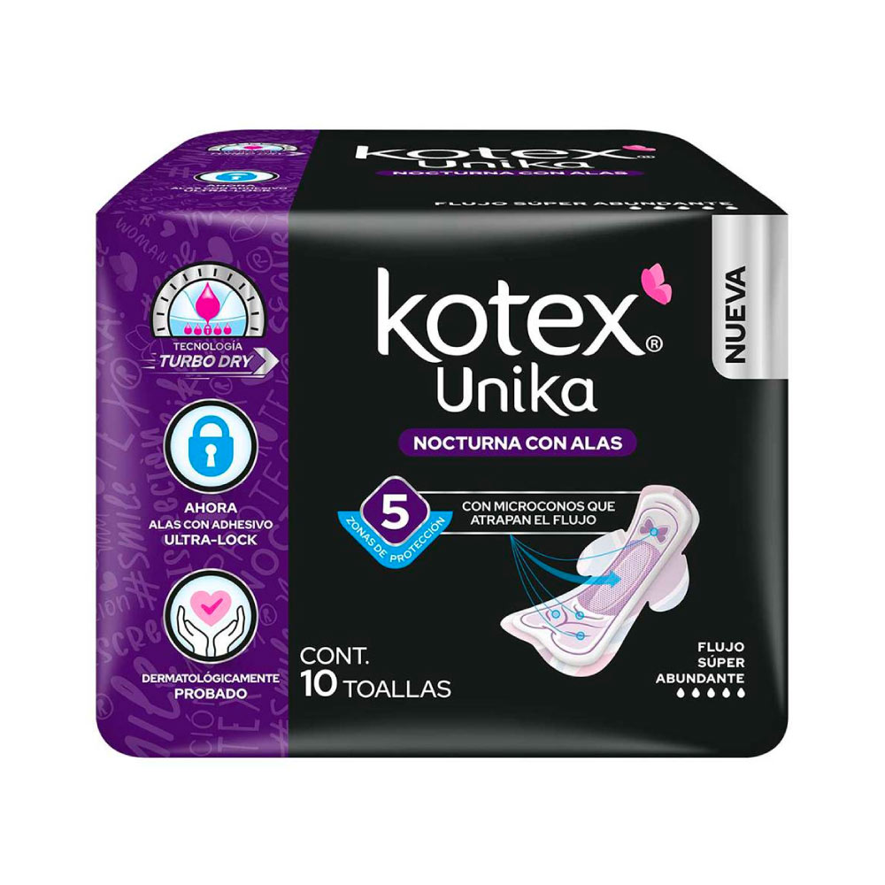 Kotex U Unika Toalla Fem Nocturna C/Alas 8/10 Pz