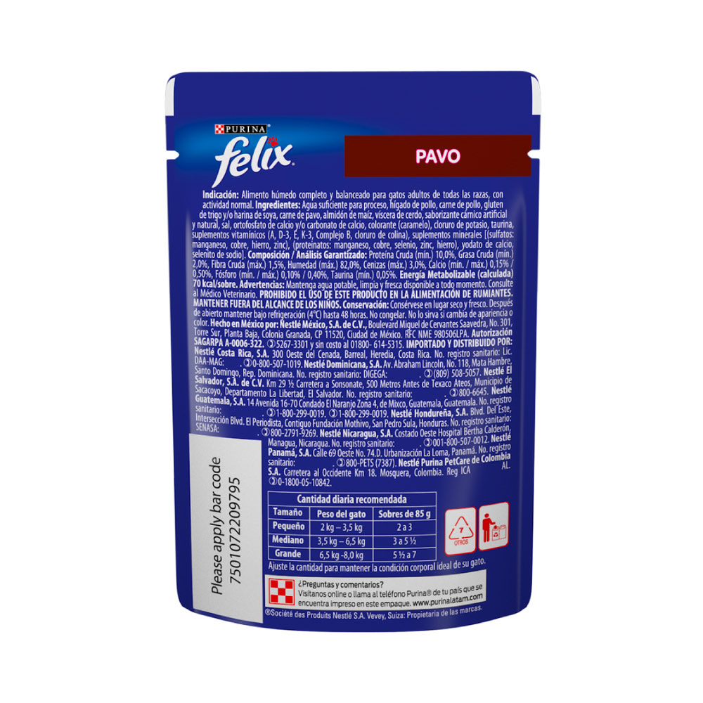 Alimento Húmedo para Gato Felix Pavo 85 g Sobre