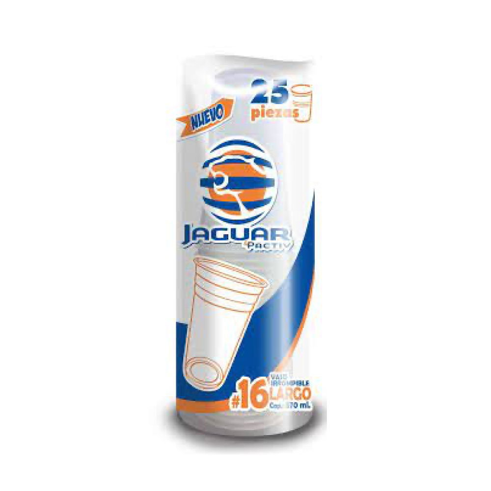 Vaso de Plástico Jaguar Largo Irrompible No. 16 25 pz