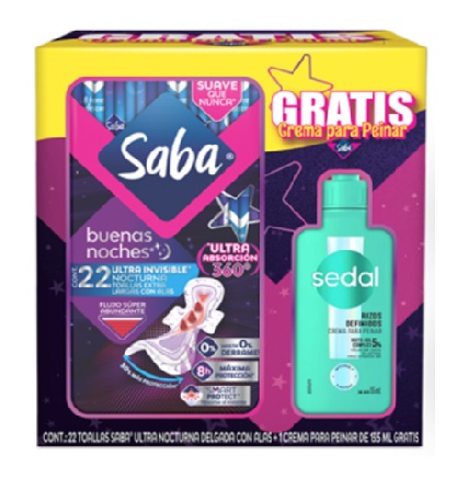 Toallas Femeninas Saba Nocturna con Alas + Crema para Peinar Sedal 22 Piezas