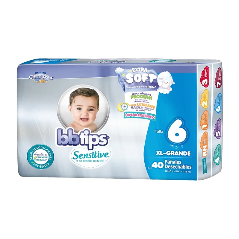 Pañal BBTips Sensitive T6 XL Grande 40 pz
