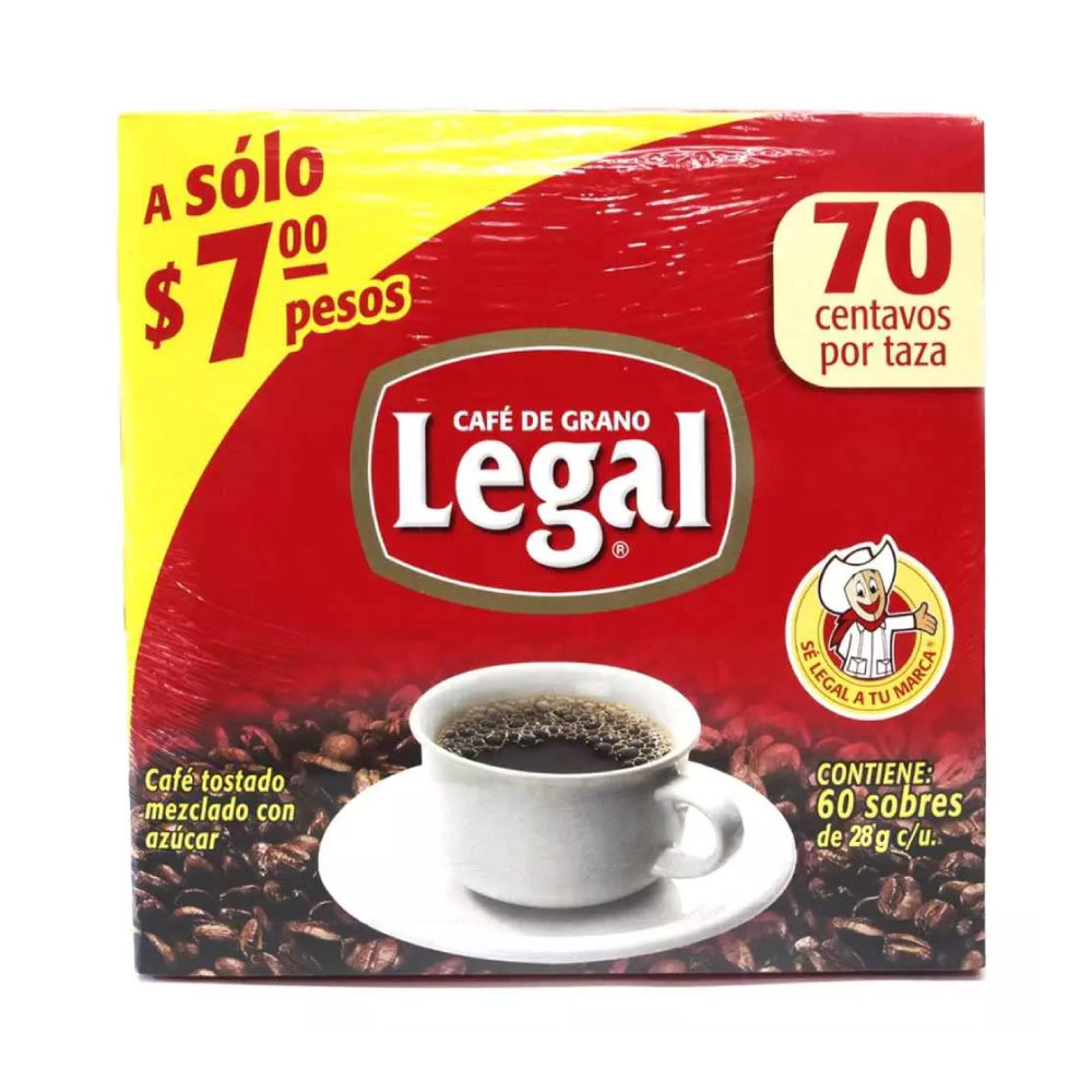 Cafe Legal Molido Tradicional Paquete con 60 sobres de 28 Gramos