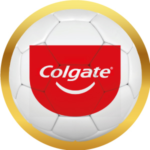 Logotipo de Colgate-Palmolive en balón de futbol con marco dorado, acceso a sus productos