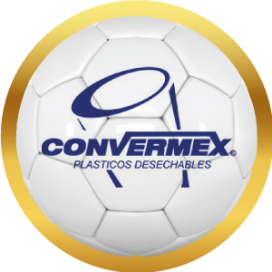 Logotipo de Convermex, plásticos desechables en balón de futbol con marco dorado, acceso a sus productos