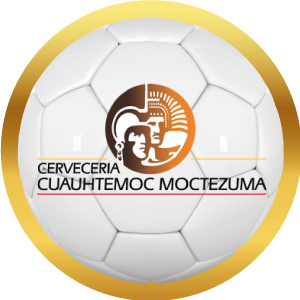 Logotipo de Cervecería Cuauhtémoc Moctezuma en balón de futbol con marco dorado, acceso a sus productos