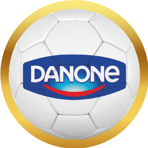 Logotipo de Danone en balón de futbol con marco dorado, acceso a sus productos