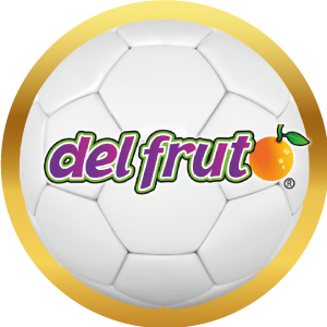Logotipo de Del Fruto en balón de futbol con marco dorado, acceso a sus productos