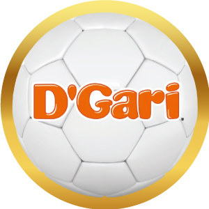 Logotipo de D'Gari en balón de futbol con marco dorado, acceso a sus productos