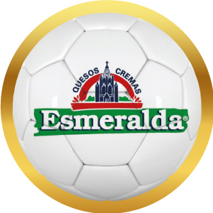 Logotipo de Quesos y cremas Esmeralda en balón de futbol con marco dorado, acceso a sus productos