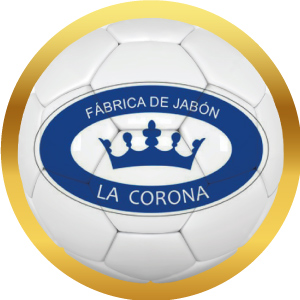 Logotipo de Fábrica de Jabón La Corona en balón de futbol con marco dorado, acceso a sus productos