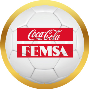 Logotipo de Coca-Cola FEMSA en balón de futbol con marco dorado, acceso a sus productos