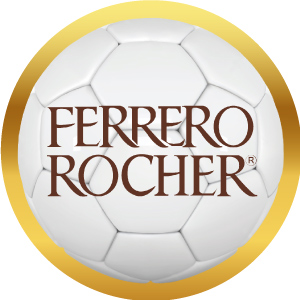 Logotipo de Ferrero Rocher en balón de futbol con marco dorado, acceso a sus productos