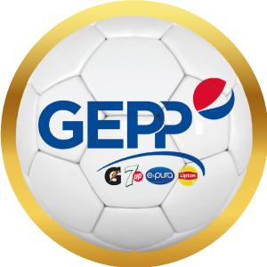 Logotipo de GEPP (Pepsi, 7Up, Gatorade, e-pura, Lipton) en balón de futbol con marco dorado, acceso a sus productos