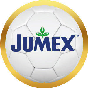 Logotipo de Jumex en balón de futbol con marco dorado, acceso a sus productos