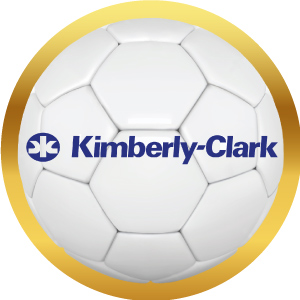 Logotipo de Kimberly-Clark en balón de futbol con marco dorado, acceso a sus productos