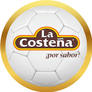 Logotipo de La Costeña en balón de futbol con marco dorado, acceso a sus productos