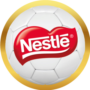 Logotipo de Nestlé en balón de futbol con marco dorado, acceso a sus productos