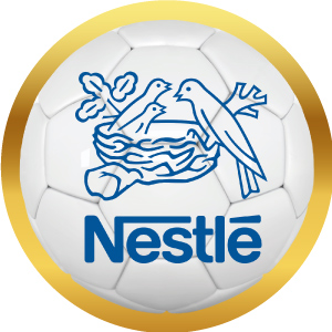 Logotipo de Nestlé en balón de futbol con marco dorado, acceso a sus productos