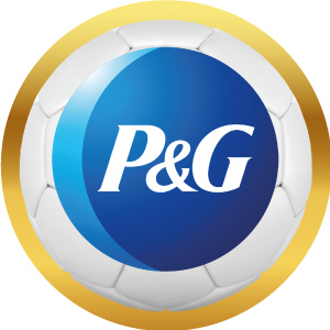 Logotipo de P&G (Procter & Gamble) en balón de futbol con marco dorado, acceso a sus productos