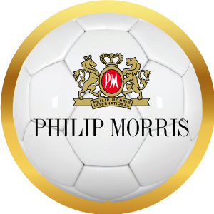 Logotipo de Philip Morris en balón de futbol con marco dorado, acceso a sus productos