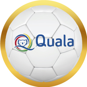 Logotipo de Quala en balón de futbol con marco dorado, acceso a sus productos