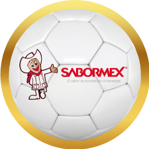 Logotipo de Sabormex en balón de futbol con marco dorado, acceso a sus productos
