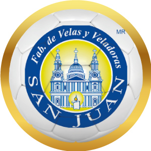 Logotipo de Fábrica de Velas y Veladoras San Juan en balón de futbol con marco dorado, acceso a sus productos
