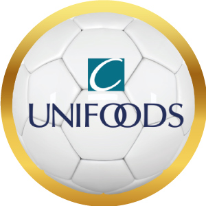Logotipo de Unifoods en balón de futbol con marco dorado, acceso a sus productos
