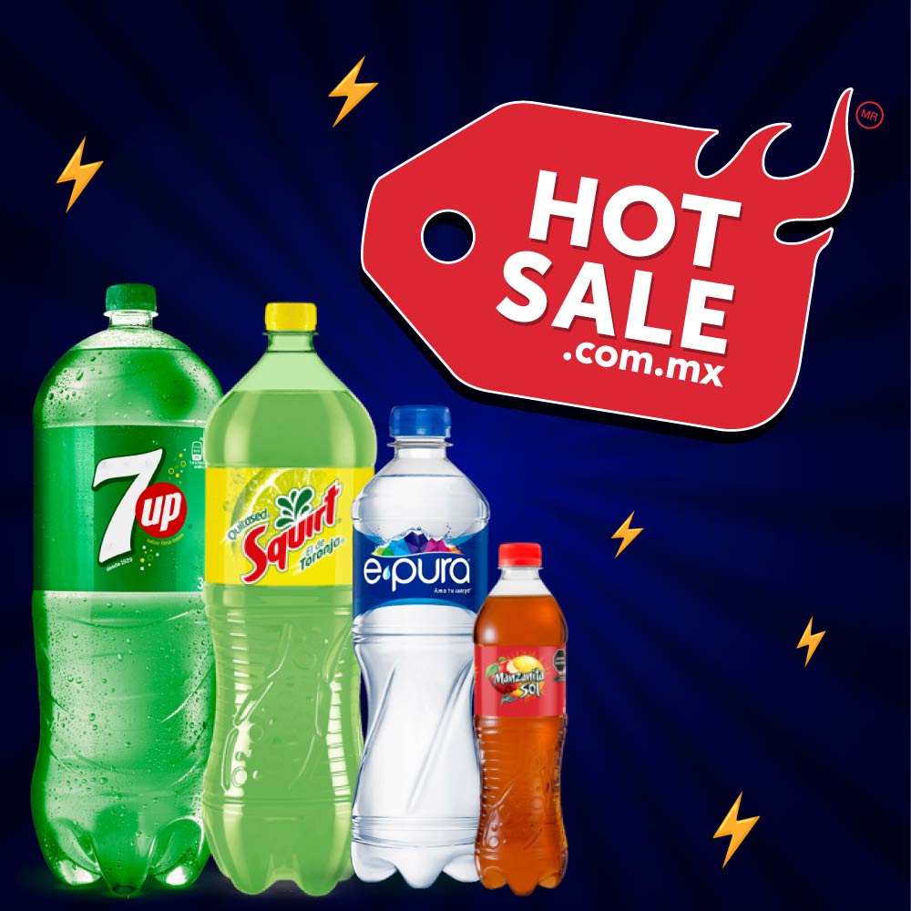 Hot Sale en bebidas: refrescos 7up, Squirt y agua purificada e-pura con ofertas especiales