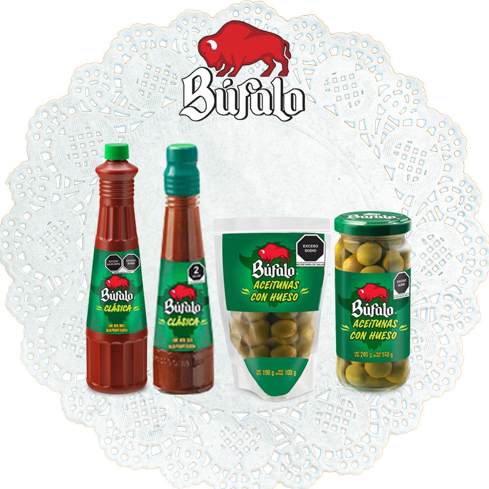 Productos Búfalo: salsa picante clásica y aceitunas con hueso en bolsa y frasco