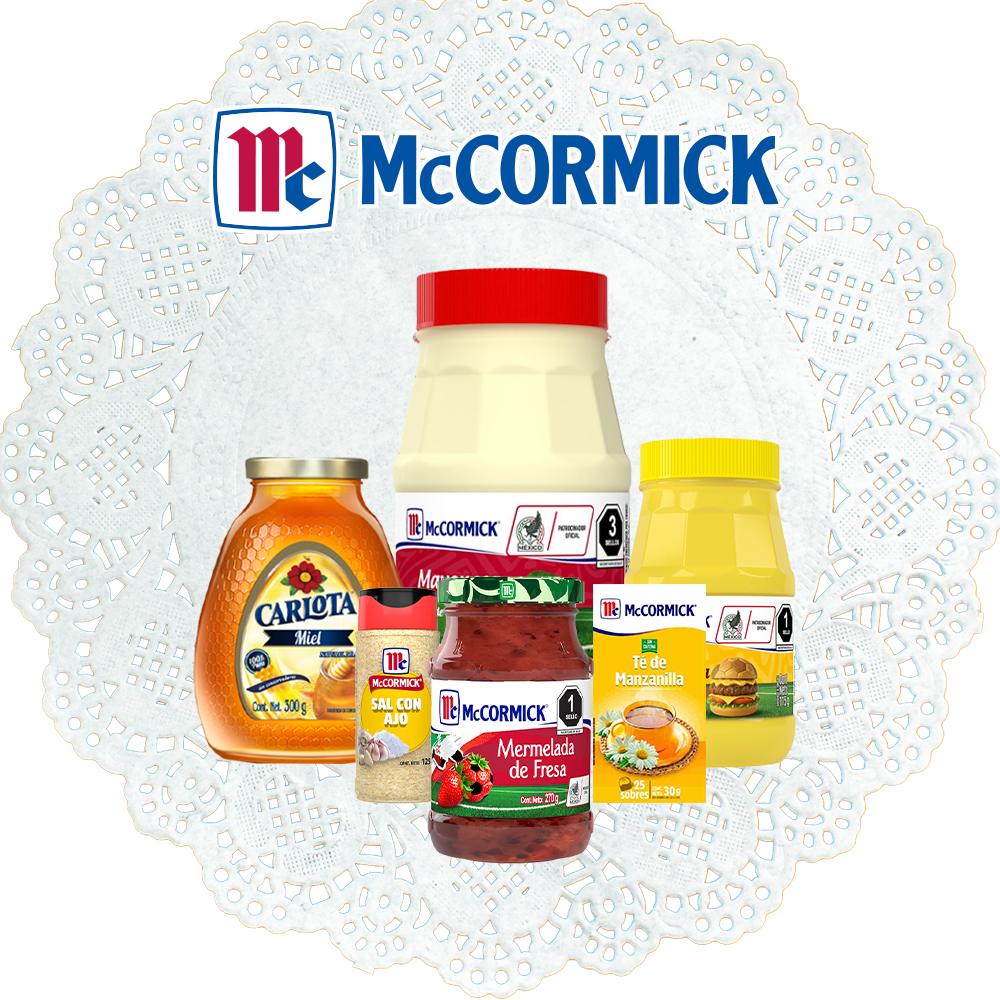 Productos McCormick: mayonesa, mermelada de fresa, mostaza y miel Carlota