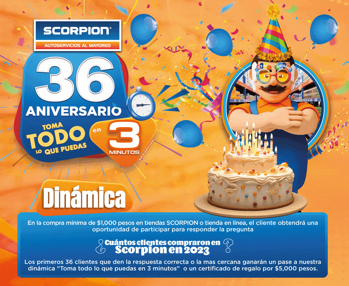 Dinámica 36 aniversario Scorpion: compra, responde la pregunta y gana toma todo en 3 minutos