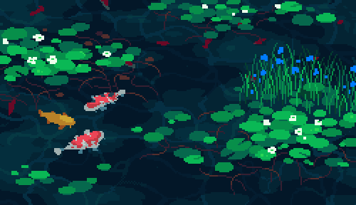 Animación decorativa en pixel art de un estanque con peces koi y nenúfares