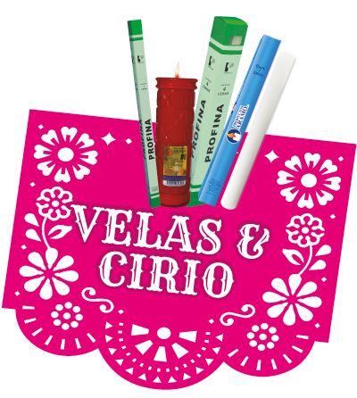 Velas y cirios Profina sobre papel picado rosa, colección de temporada de Día de Muertos