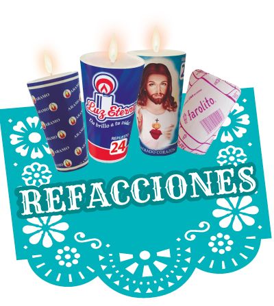 Refacciones para veladoras con imágenes religiosas sobre papel picado azul, Día de Muertos