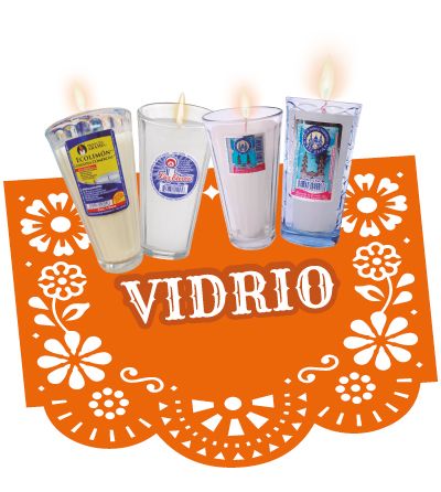 Veladoras en vaso de vidrio sobre papel picado naranja, colección de temporada de Día de Muertos
